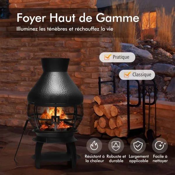 Brasero Foyer Extérieur avec Grille à Bûches en 2 Pièces Cheminée à Bois Capuchon de Pluie et Tisonnier Ignifuge à 360°