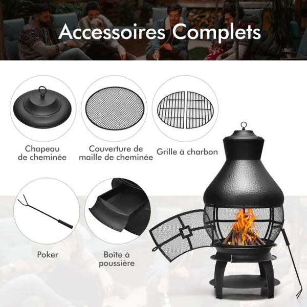 Brasero Foyer Extérieur avec Grille à Bûches en 2 Pièces Cheminée à Bois Capuchon de Pluie et Tisonnier Ignifuge à 360°