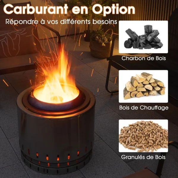 Brasero sans Fumée Extérieur Barbecue Fonte en Acier Inoxydable Bois Combustible Technique Enrichie Oxygène Flamme Attrayant pour Jardin Camping