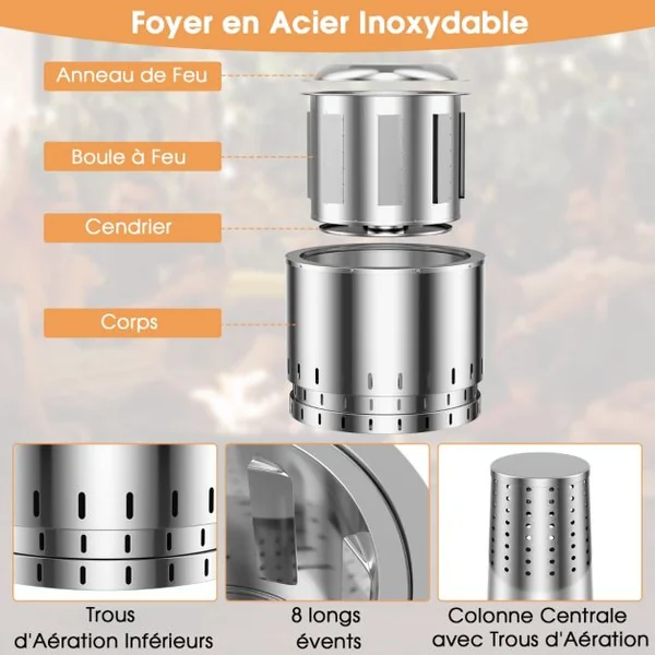 Brasero sans Fumée Extérieur Barbecue Fonte en Acier Inoxydable Bois Combustible Technique Enrichie Oxygène Flamme Attrayant pour Jardin Camping