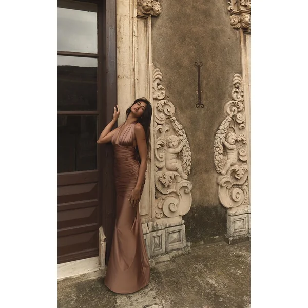 Bronze Robe Longue Plt Label Métallisée Avec Détail Buste Stretch