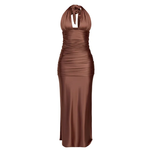 Bronze Robe Longue Plt Label Métallisée Avec Détail Buste Stretch