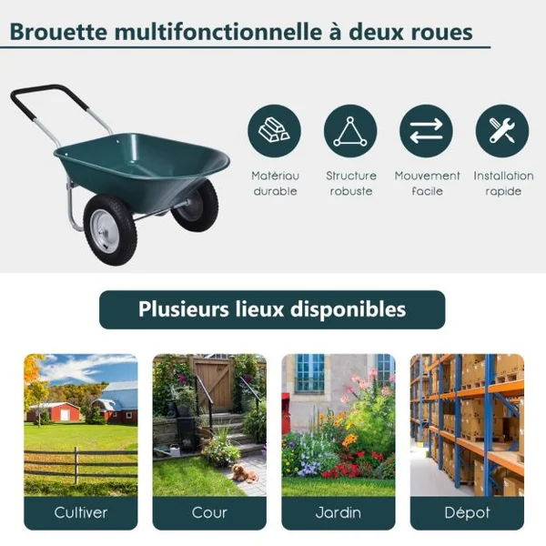 Brouette de Jardin 2 Roues Brouette de Jardin Résistante en Fer avec Pneus Ø35cm Charge Max 100KG pour Jardinage/Maçonnerie Noir/Vert