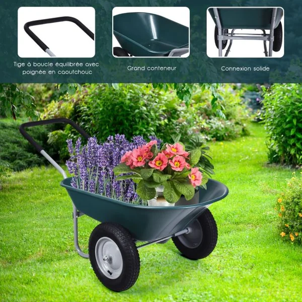 Brouette de Jardin 2 Roues Brouette de Jardin Résistante en Fer avec Pneus Ø35cm Charge Max 100KG pour Jardinage/Maçonnerie Noir/Vert