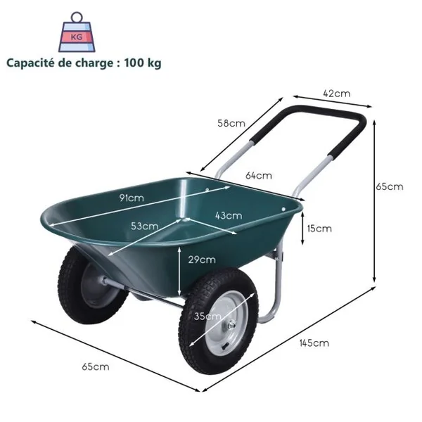 Brouette de Jardin 2 Roues Brouette de Jardin Résistante en Fer avec Pneus Ø35cm Charge Max 100KG pour Jardinage/Maçonnerie Noir/Vert