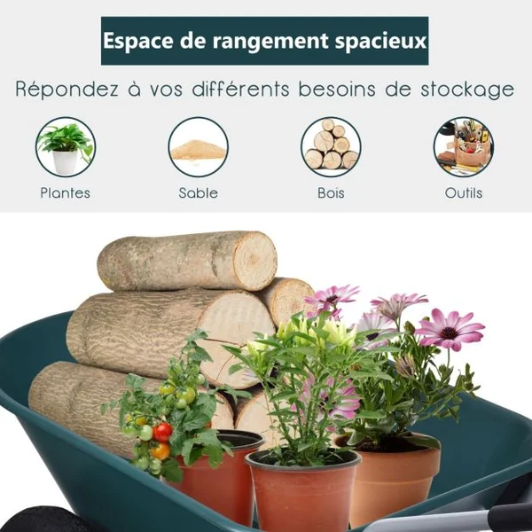 Brouette de Jardin 2 Roues Brouette de Jardin Résistante en Fer avec Pneus Ø35cm Charge Max 100KG pour Jardinage/Maçonnerie Noir/Vert