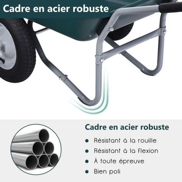 Brouette de Jardin 2 Roues Brouette de Jardin Résistante en Fer avec Pneus Ø35cm Charge Max 100KG pour Jardinage/Maçonnerie Noir/Vert