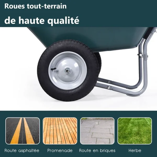 Brouette de Jardin 2 Roues Brouette de Jardin Résistante en Fer avec Pneus Ø35cm Charge Max 100KG pour Jardinage/Maçonnerie Noir/Vert