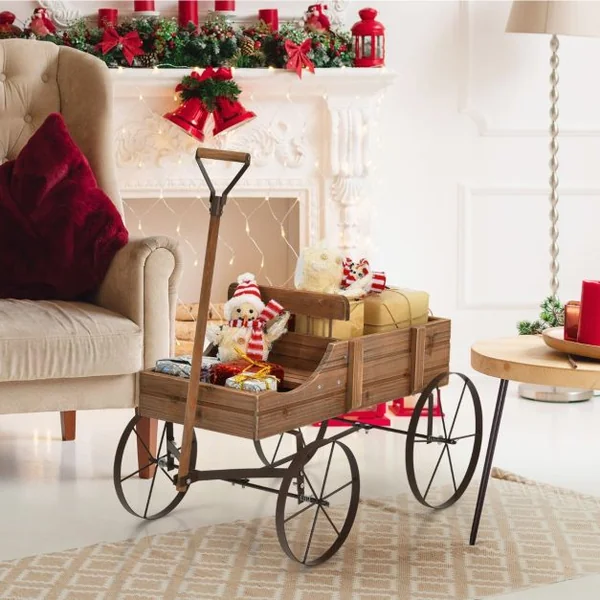 Brouette Décorative en Bois avec 2 Compartiments à Planter Roues Métalliques Poignée Charge 15kg pour Cour Bleu/Café/Gris/Rouge/Vert