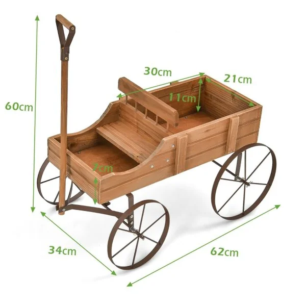 Brouette Décorative en Bois avec 2 Compartiments à Planter Roues Métalliques Poignée Charge 15kg pour Cour Bleu/Café/Gris/Rouge/Vert