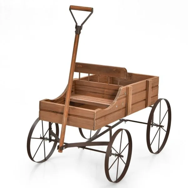 Brouette Décorative en Bois avec 2 Compartiments à Planter Roues Métalliques Poignée Charge 15kg pour Cour Bleu/Café/Gris/Rouge/Vert