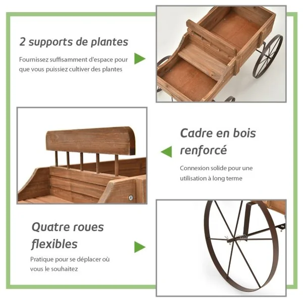 Brouette Décorative en Bois avec 2 Compartiments à Planter Roues Métalliques Poignée Charge 15kg pour Cour Bleu/Café/Gris/Rouge/Vert