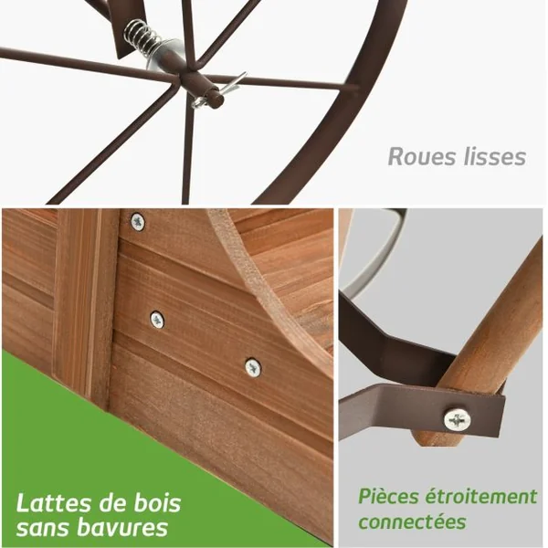 Brouette Décorative en Bois avec 2 Compartiments à Planter Roues Métalliques Poignée Charge 15kg pour Cour Bleu/Café/Gris/Rouge/Vert