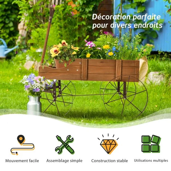 Brouette Décorative en Bois avec 2 Compartiments à Planter Roues Métalliques Poignée Charge 15kg pour Cour Bleu/Café/Gris/Rouge/Vert