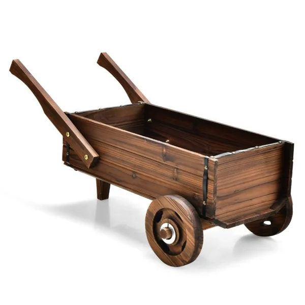 Brouette en Bois Décorative avec 2 Roues Poignées Trou de Drainage Support de Pot de Fleurs Style Rustique Jardin Balcon