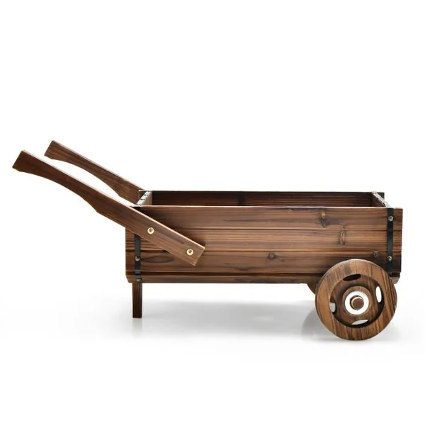 Brouette en Bois Décorative avec 2 Roues Poignées Trou de Drainage Support de Pot de Fleurs Style Rustique Jardin Balcon