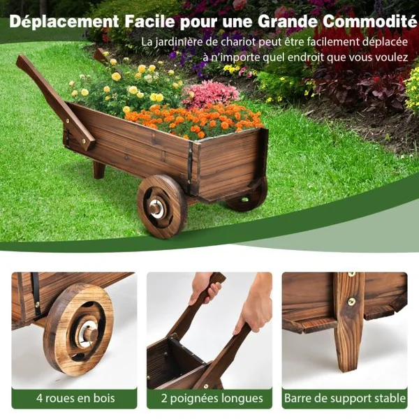 Brouette en Bois Décorative avec 2 Roues Poignées Trou de Drainage Support de Pot de Fleurs Style Rustique Jardin Balcon
