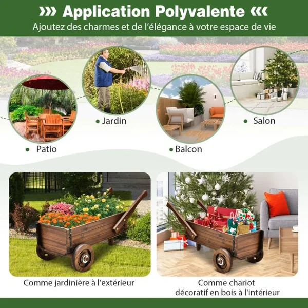 Brouette en Bois Décorative avec 2 Roues Poignées Trou de Drainage Support de Pot de Fleurs Style Rustique Jardin Balcon