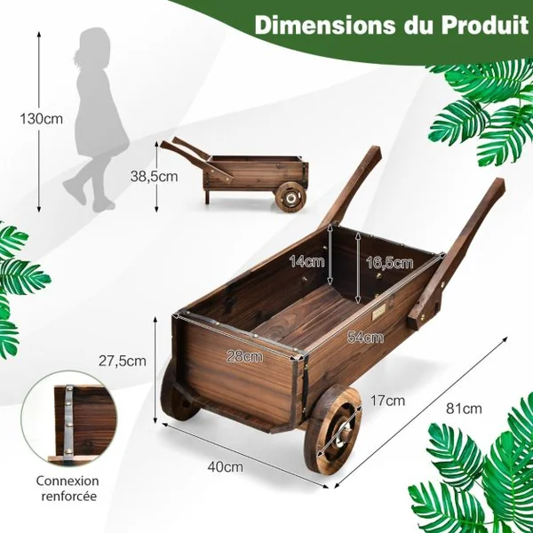 Brouette en Bois Décorative avec 2 Roues Poignées Trou de Drainage Support de Pot de Fleurs Style Rustique Jardin Balcon