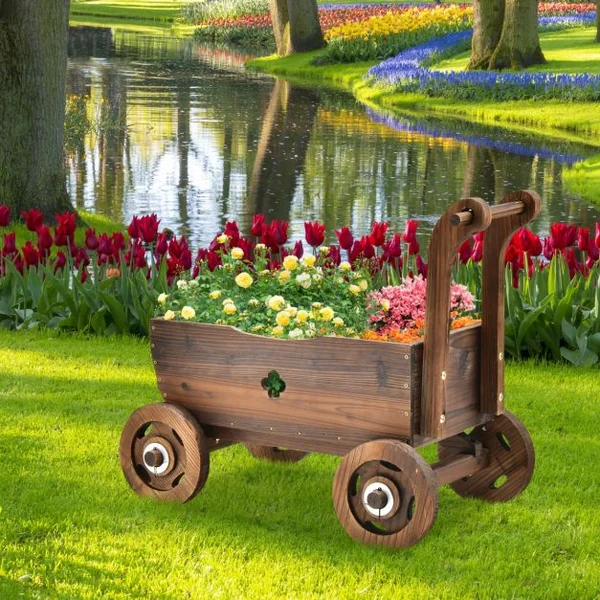 Brouette en Bois Décorative avec Roues Poignées Trou de Drainage Support de Pot de Fleurs Roulant Rustique Jardin Balcon Marron