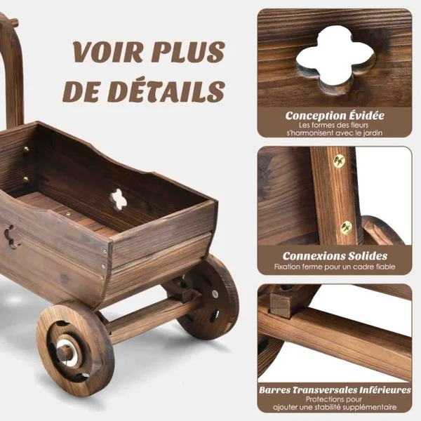 Brouette en Bois Décorative avec Roues Poignées Trou de Drainage Support de Pot de Fleurs Roulant Rustique Jardin Balcon Marron