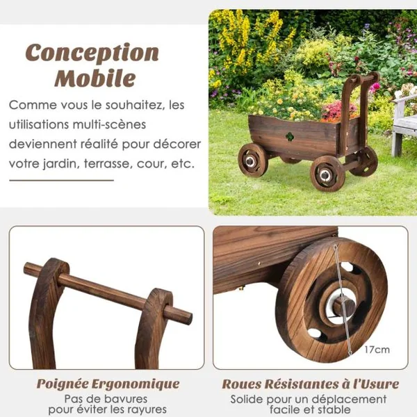 Brouette en Bois Décorative avec Roues Poignées Trou de Drainage Support de Pot de Fleurs Roulant Rustique Jardin Balcon Marron