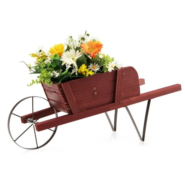Brouette à Fleurs en Bois Jardinière à Roues avec 9 Accessoires Magnétiques 2 Longues Poignées pour Intérieure/Extérieure Bleu/Noyer/Rouge