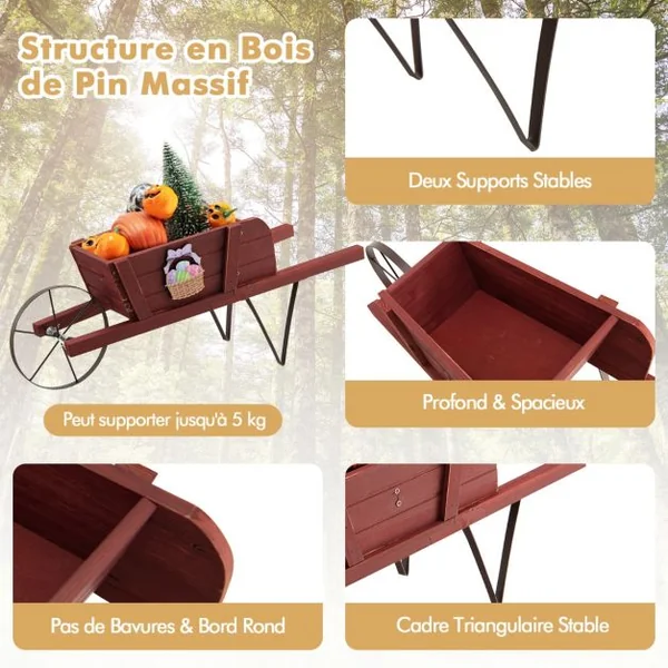 Brouette à Fleurs en Bois Jardinière à Roues avec 9 Accessoires Magnétiques 2 Longues Poignées pour Intérieure/Extérieure Bleu/Noyer/Rouge