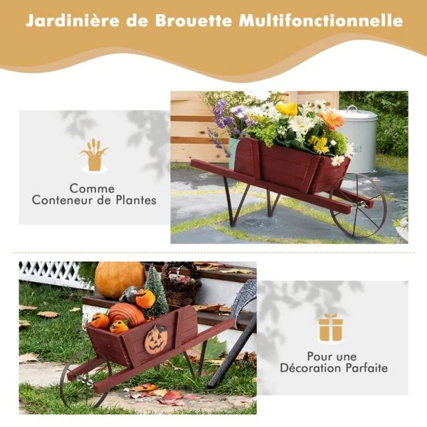 Brouette à Fleurs en Bois Jardinière à Roues avec 9 Accessoires Magnétiques 2 Longues Poignées pour Intérieure/Extérieure Bleu/Noyer/Rouge