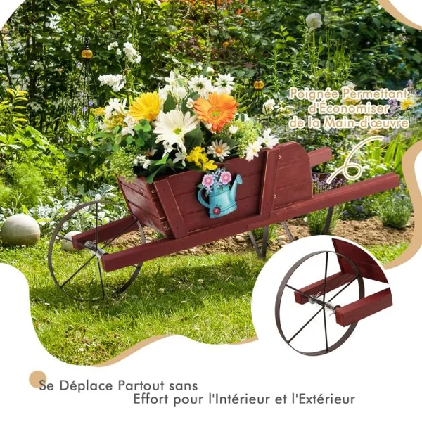 Brouette à Fleurs en Bois Jardinière à Roues avec 9 Accessoires Magnétiques 2 Longues Poignées pour Intérieure/Extérieure Bleu/Noyer/Rouge
