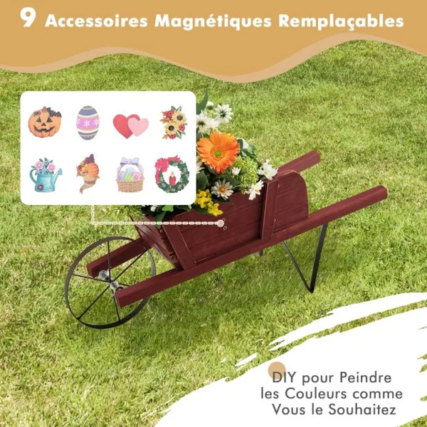 Brouette à Fleurs en Bois Jardinière à Roues avec 9 Accessoires Magnétiques 2 Longues Poignées pour Intérieure/Extérieure Bleu/Noyer/Rouge