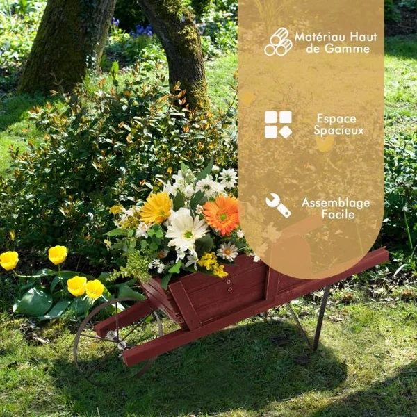 Brouette à Fleurs en Bois Jardinière à Roues avec 9 Accessoires Magnétiques 2 Longues Poignées pour Intérieure/Extérieure Bleu/Noyer/Rouge