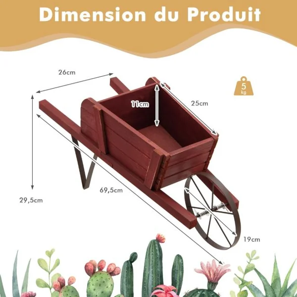 Brouette à Fleurs en Bois Jardinière à Roues avec 9 Accessoires Magnétiques 2 Longues Poignées pour Intérieure/Extérieure Bleu/Noyer/Rouge
