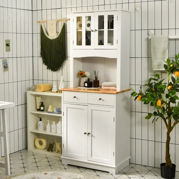 Buffet Autoportant Armoire avec Plateau en Bois Armoire de Rangement avec 2 Tiroirs Étagères Réglables Armoire à Porte en Verre Trempé Blanc
