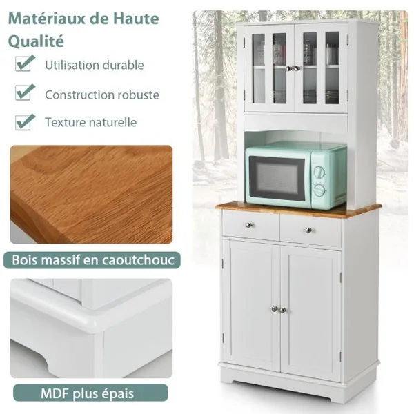 Buffet Autoportant Armoire avec Plateau en Bois Armoire de Rangement avec 2 Tiroirs Étagères Réglables Armoire à Porte en Verre Trempé Blanc