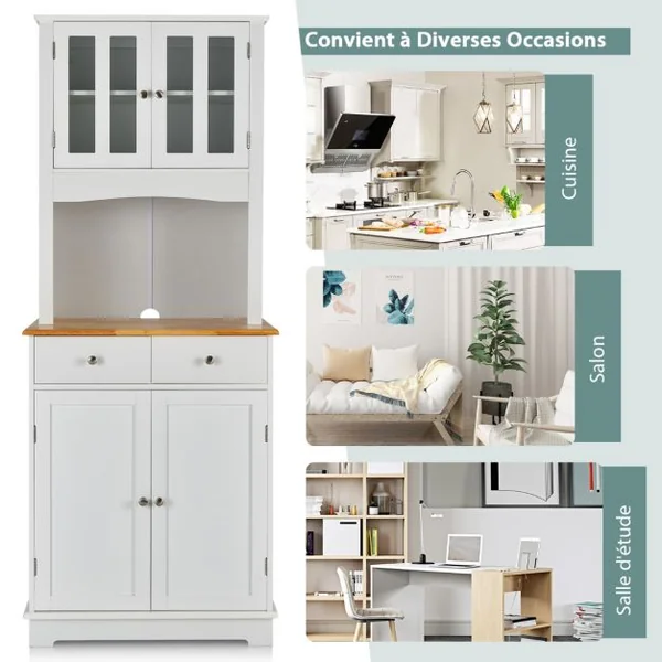 Buffet Autoportant Armoire avec Plateau en Bois Armoire de Rangement avec 2 Tiroirs Étagères Réglables Armoire à Porte en Verre Trempé Blanc