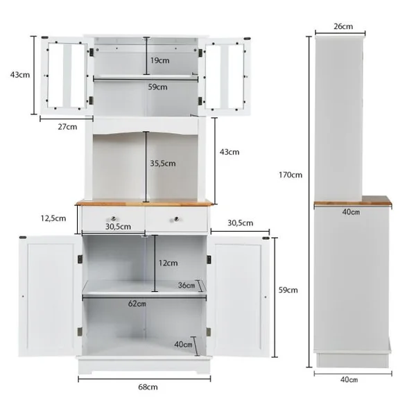 Buffet Autoportant Armoire avec Plateau en Bois Armoire de Rangement avec 2 Tiroirs Étagères Réglables Armoire à Porte en Verre Trempé Blanc