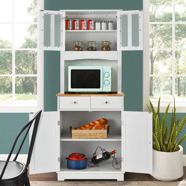 Buffet Autoportant Armoire avec Plateau en Bois Armoire de Rangement avec 2 Tiroirs Étagères Réglables Armoire à Porte en Verre Trempé Blanc