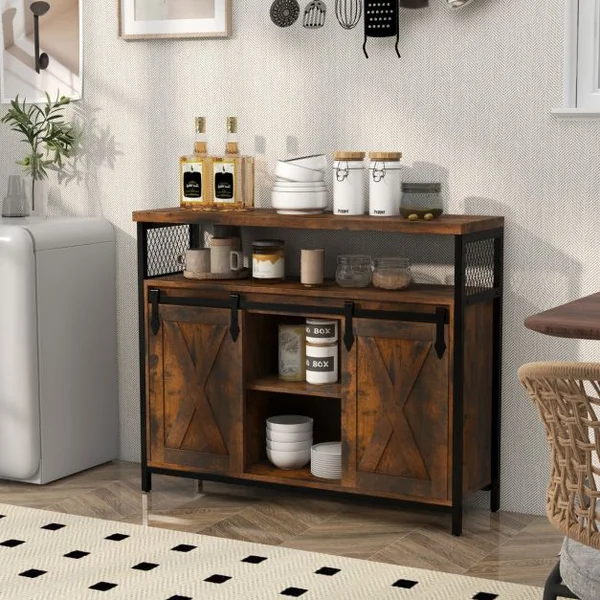Buffet avec Rangement Meuble de Bar Etagères Réglables à 3 Niveaux Portes de Grange Coulissantes Compartiments Ouverts Marron Rustique