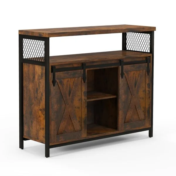 Buffet avec Rangement Meuble de Bar Etagères Réglables à 3 Niveaux Portes de Grange Coulissantes Compartiments Ouverts Marron Rustique