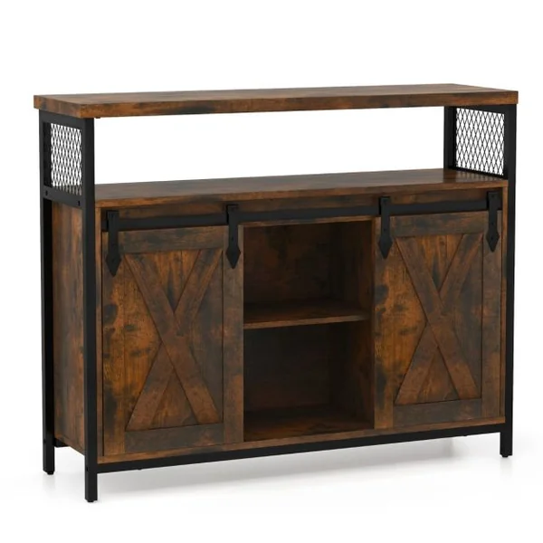 Buffet avec Rangement Meuble de Bar Etagères Réglables à 3 Niveaux Portes de Grange Coulissantes Compartiments Ouverts Marron Rustique