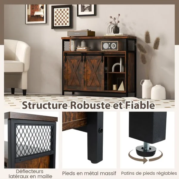 Buffet avec Rangement Meuble de Bar Etagères Réglables à 3 Niveaux Portes de Grange Coulissantes Compartiments Ouverts Marron Rustique