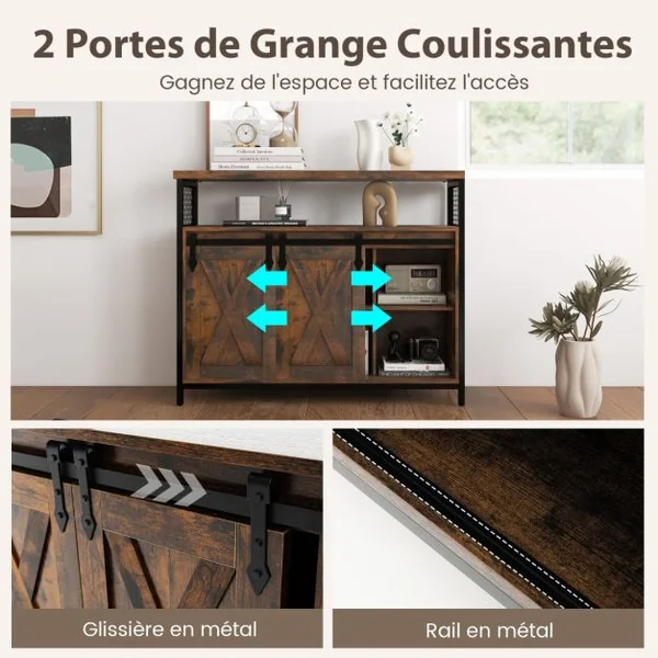 Buffet avec Rangement Meuble de Bar Etagères Réglables à 3 Niveaux Portes de Grange Coulissantes Compartiments Ouverts Marron Rustique