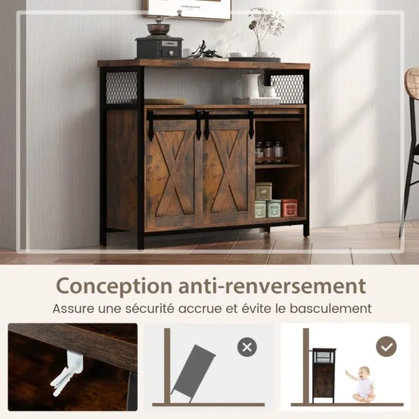 Buffet avec Rangement Meuble de Bar Etagères Réglables à 3 Niveaux Portes de Grange Coulissantes Compartiments Ouverts Marron Rustique
