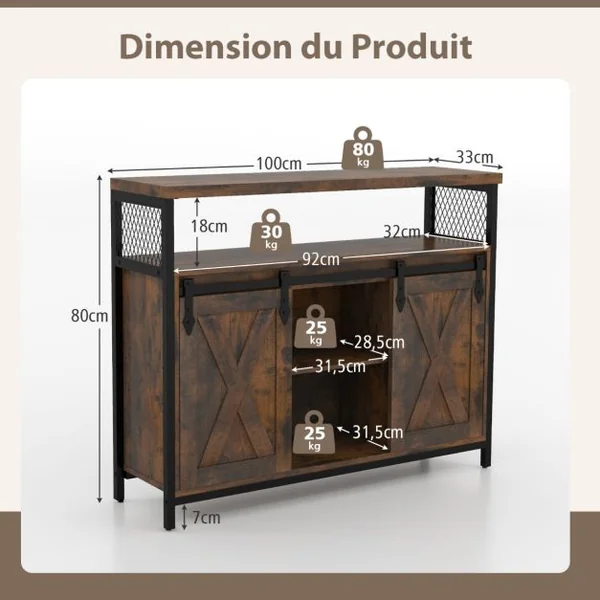 Buffet avec Rangement Meuble de Bar Etagères Réglables à 3 Niveaux Portes de Grange Coulissantes Compartiments Ouverts Marron Rustique
