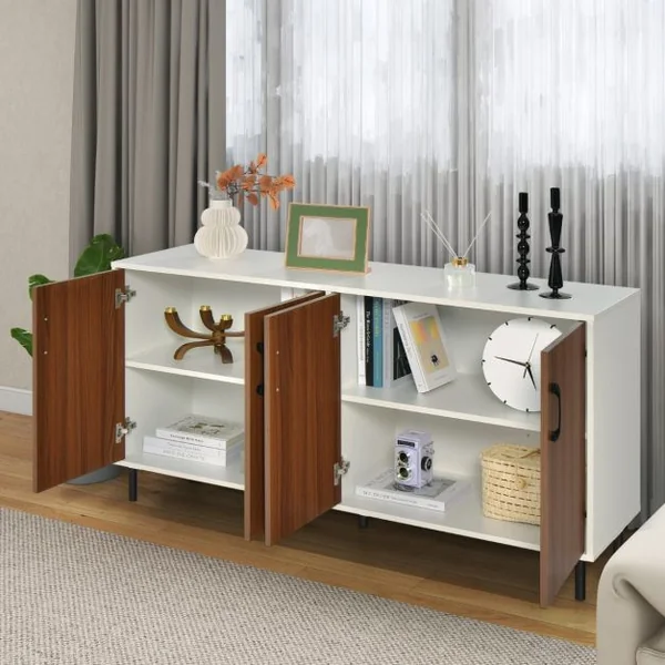 Buffet Bas 4 Portes 5 Pieds Métalliques 148x40x75,5CM Meuble de Rangement Dispositif Anti-basculement Marron+Blanc