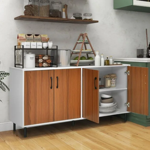 Buffet Bas 4 Portes 5 Pieds Métalliques 148x40x75,5CM Meuble de Rangement Dispositif Anti-basculement Marron+Blanc