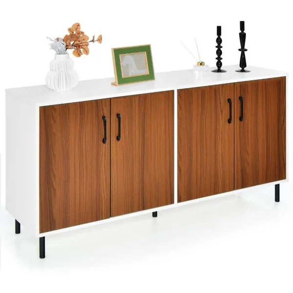 Buffet Bas 4 Portes 5 Pieds Métalliques 148x40x75,5CM Meuble de Rangement Dispositif Anti-basculement Marron+Blanc