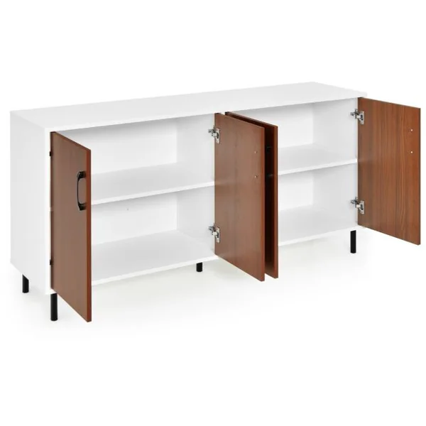 Buffet Bas 4 Portes 5 Pieds Métalliques 148x40x75,5CM Meuble de Rangement Dispositif Anti-basculement Marron+Blanc