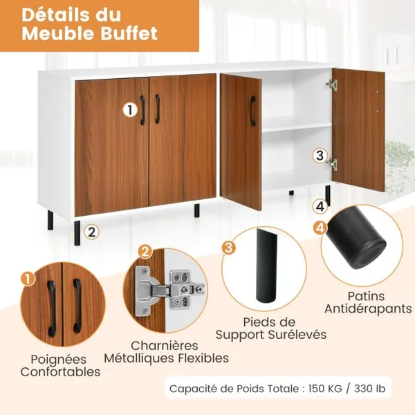 Buffet Bas 4 Portes 5 Pieds Métalliques 148x40x75,5CM Meuble de Rangement Dispositif Anti-basculement Marron+Blanc